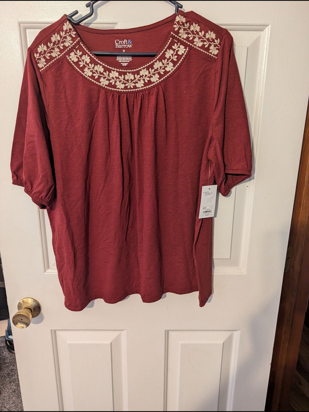croft & barrow Rust Red Scoop Neck Tunic with Cream Floral Embroidery